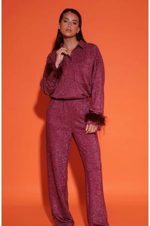 wide leg regular waist broek roze met glitter