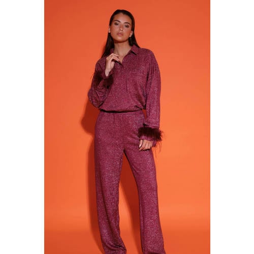 Studio AMAYA wide leg regular waist broek roze met glitter afbeelding