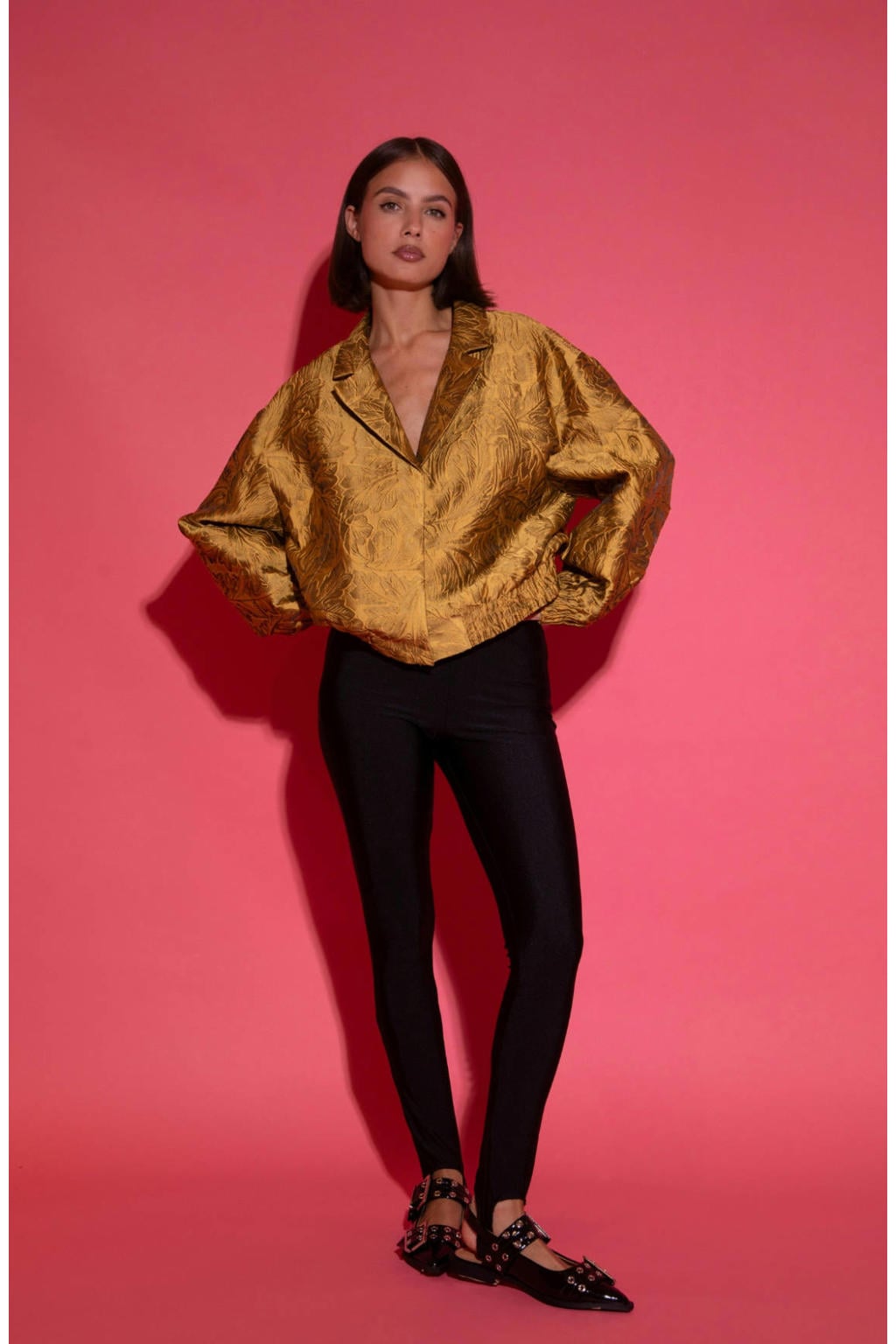 Gouden dames Studio AMAYA bomberjack van polyester met effen, lange mouwen, reverskraag, knoopsluiting en jacquard