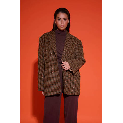 Studio AMAYA geruite oversized blazer met wol bruin met glitter afbeelding