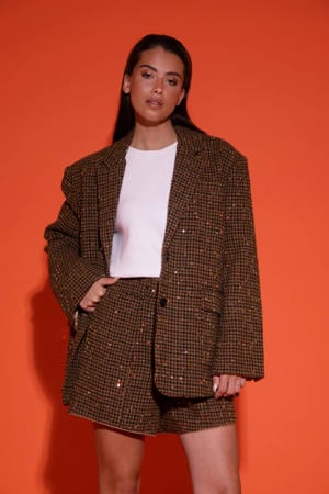 geruite oversized blazer met wol bruin met glitter