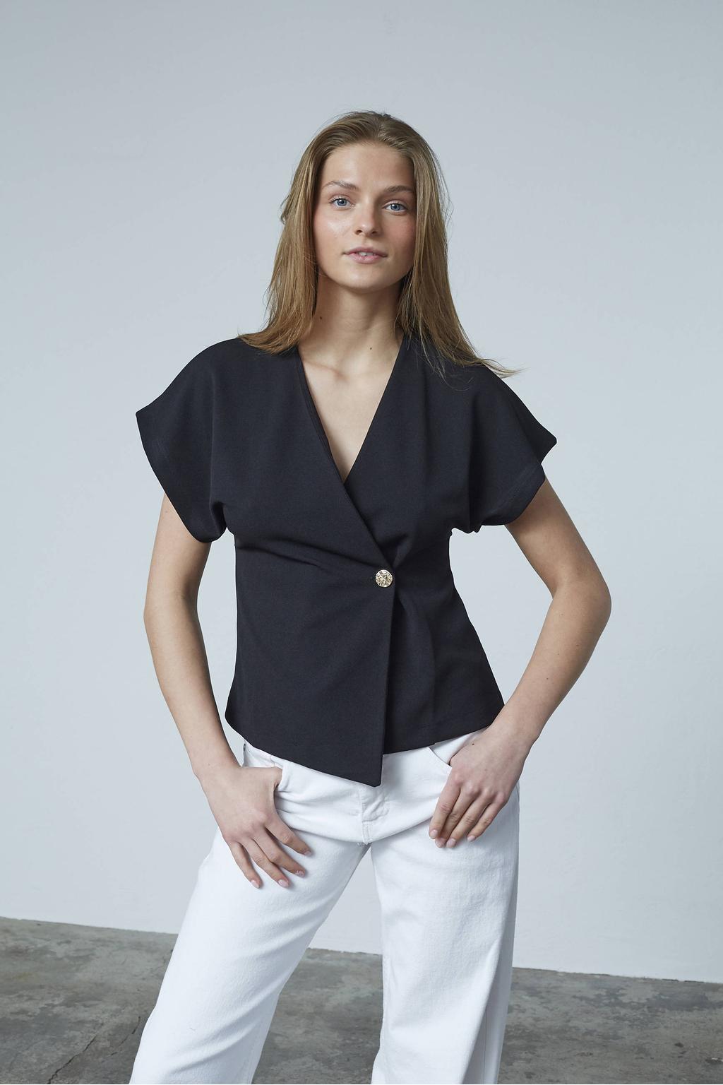 Zwarte dames SisterS Point top van polyester met effen, korte mouwen en V-hals