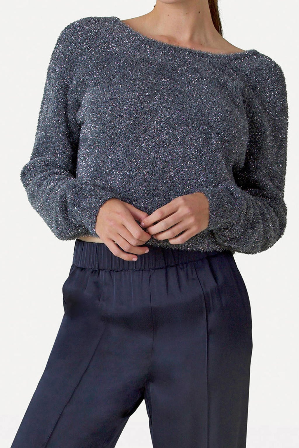 Zilverkleurige dames Another-Label gebreide trui van polyester met effen, lange mouwen, ronde hals en lurex