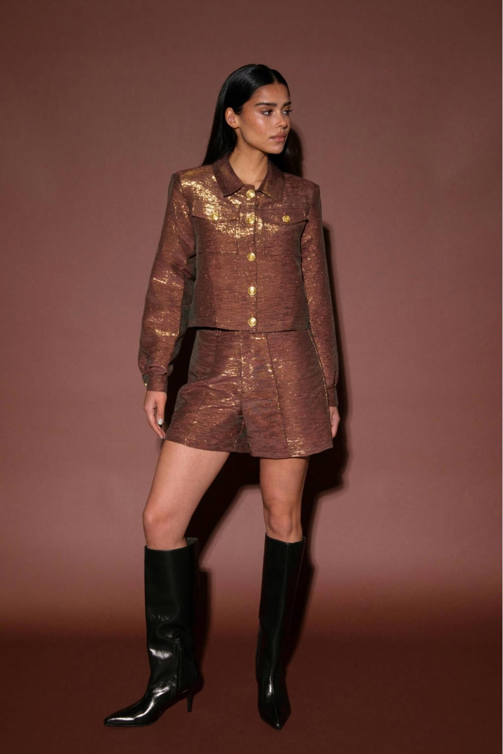 Bronzen dames AMAYA Amsterdam jasje van polyester met effen, lange mouwen, klassieke kraag, knoopsluiting en lurex