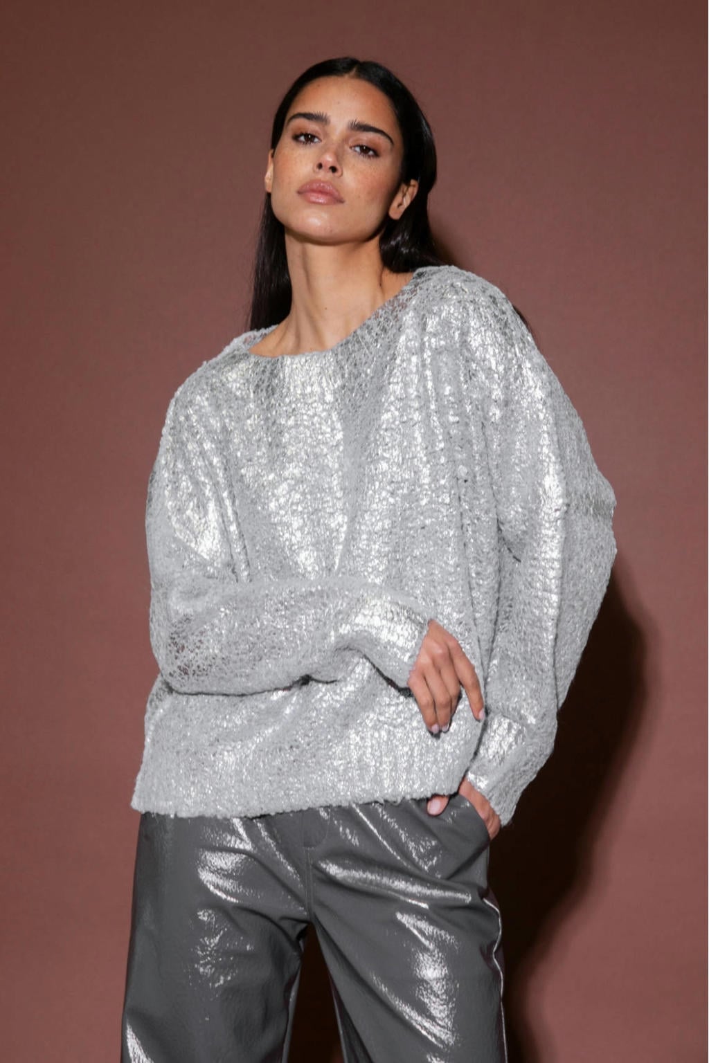 Zilverkleurige dames AMAYA Amsterdam gebreide trui van polyester met effen, lange mouwen, ronde hals en lurex