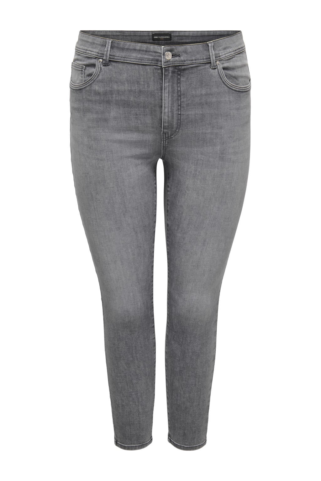 Grey denim dames ONLY CARMAKOMA skinny jeans van stretchdenim met regular waist, rits- en knoopsluiting en effen