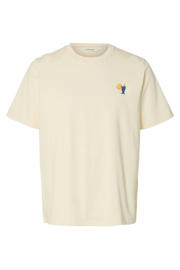 thumbnail: Ecru heren SELECTED HOMME regular T-shirt van katoen met printopdruk, korte mouwen, ronde hals en gebreide details