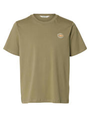 thumbnail: Olijfgroene heren SELECTED HOMME regular T-shirt van katoen met printopdruk, korte mouwen, ronde hals en gebreide details