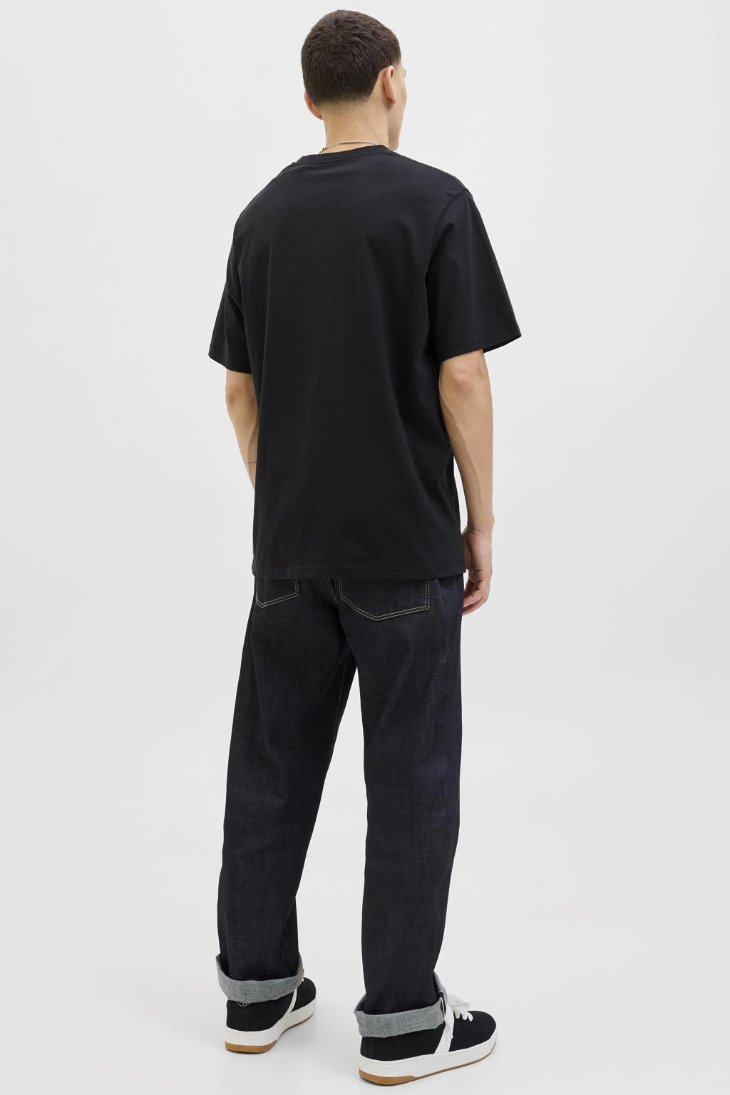 Zwarte heren JACK & JONES ESSENTIALS relaxed T-shirt van katoen met printopdruk, korte mouwen en ronde hals