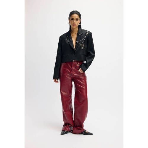 Refined Department imitatieleren wide leg regular waist casual broek donkerrood afbeelding
