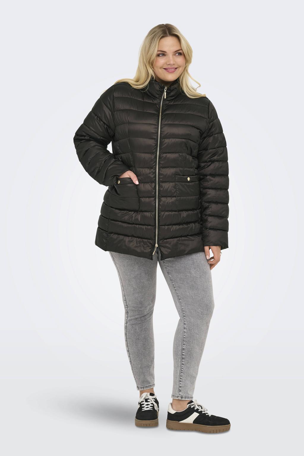 Donkerblauwe dames ONLY CARMAKOMA gewatteerde jas van polyester met effen, lange mouwen, opstaande kraag, ritssluiting en quilted