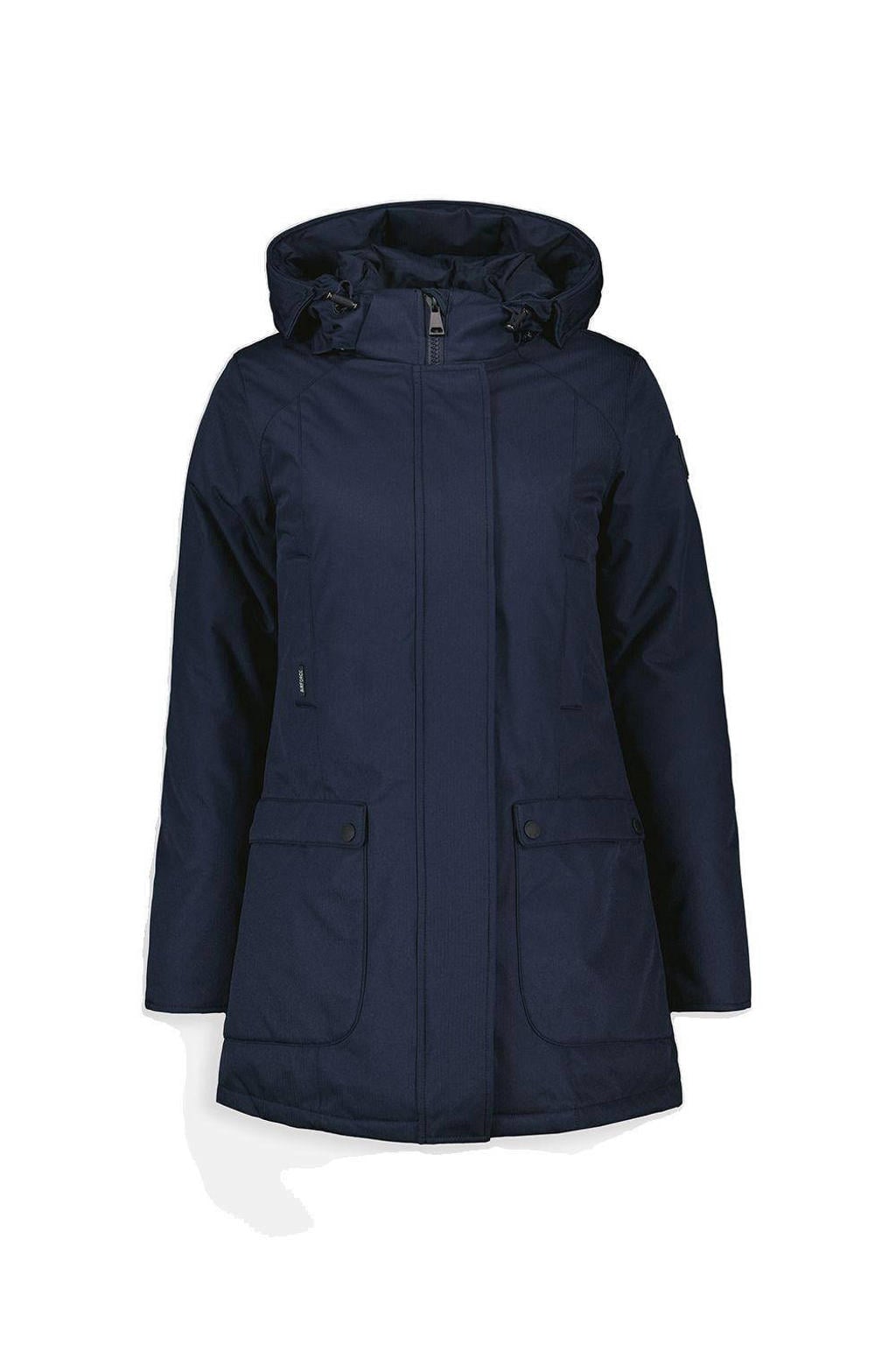 Donkerblauwe dames Airforce gewatteerde jas van polyester met effen, lange mouwen, capuchon en ritssluiting