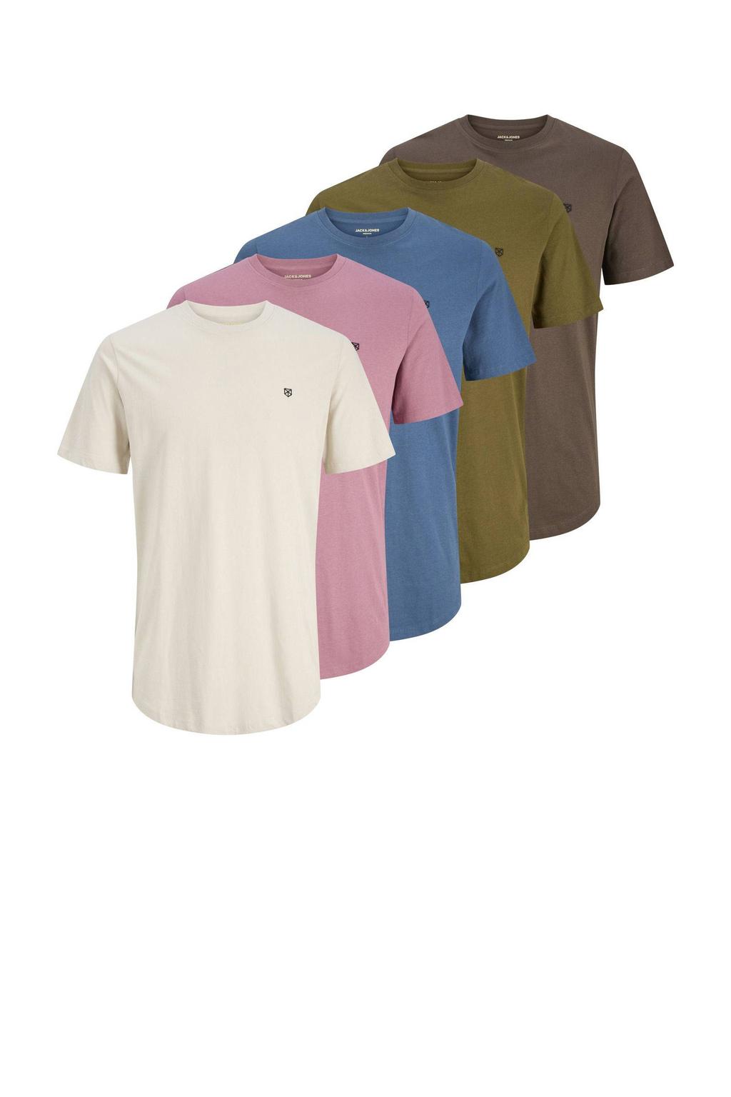 Multikleurige heren JACK & JONES PREMIUM regular T-shirt set van 5 van katoen met logo dessin, korte mouwen en ronde hals