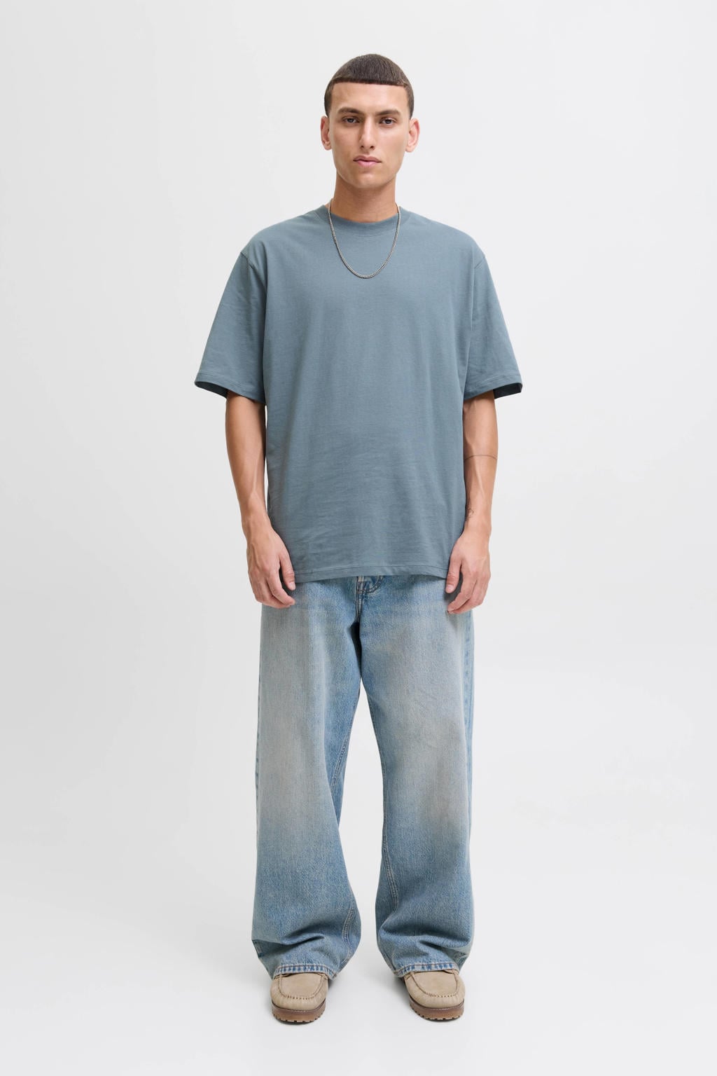 Grijsblauwe heren JACK & JONES ESSENTIALS regular T-shirt blauw van katoen met effen, korte mouwen en ronde hals
