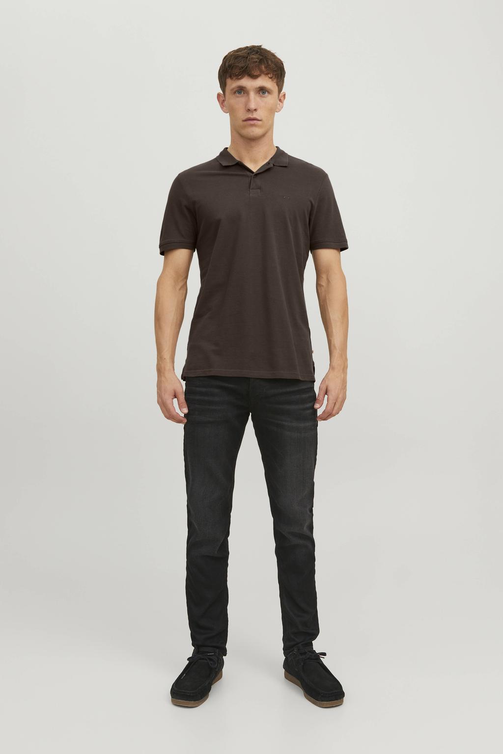 Donkerblauwe heren JACK & JONES ESSENTIALS slim polo van katoen met effen, korte mouwen en borduursels