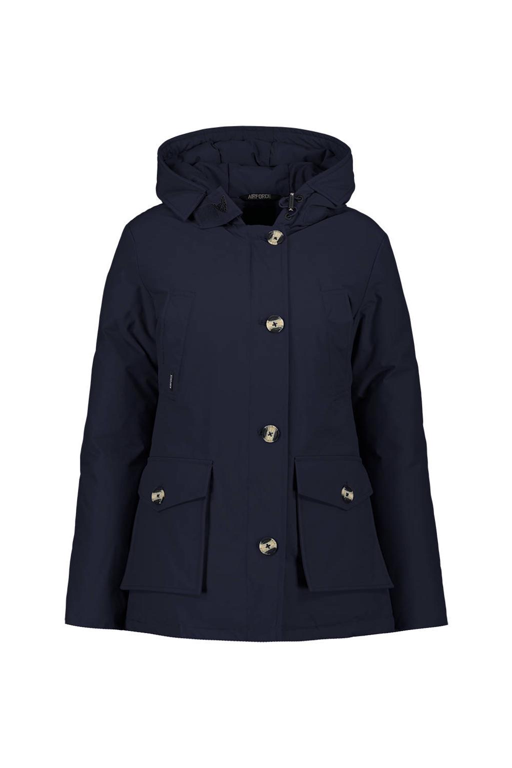 Donkerblauwe dames Airforce parka van katoen met effen, lange mouwen, capuchon en rits- en knoopsluiting