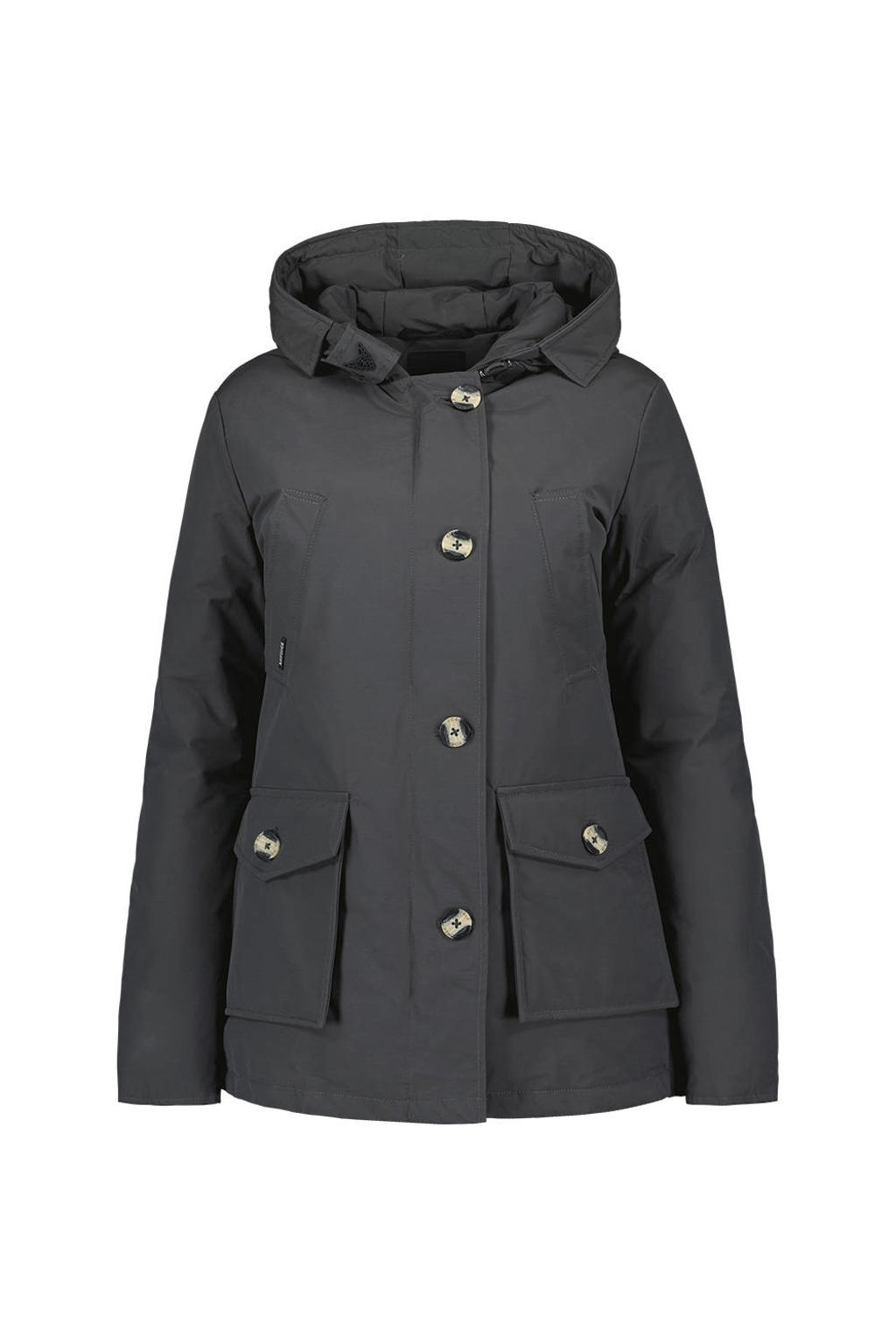 Donkergroene dames Airforce parka van katoen met effen, lange mouwen, capuchon en rits- en knoopsluiting