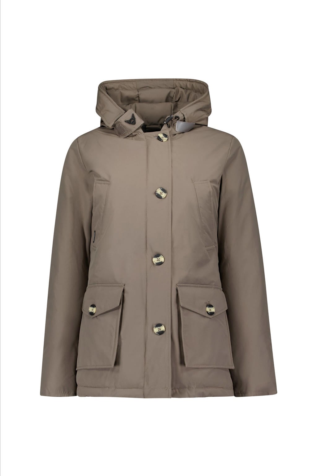 Taupe dames Airforce parka van katoen met effen, lange mouwen, capuchon en rits- en knoopsluiting