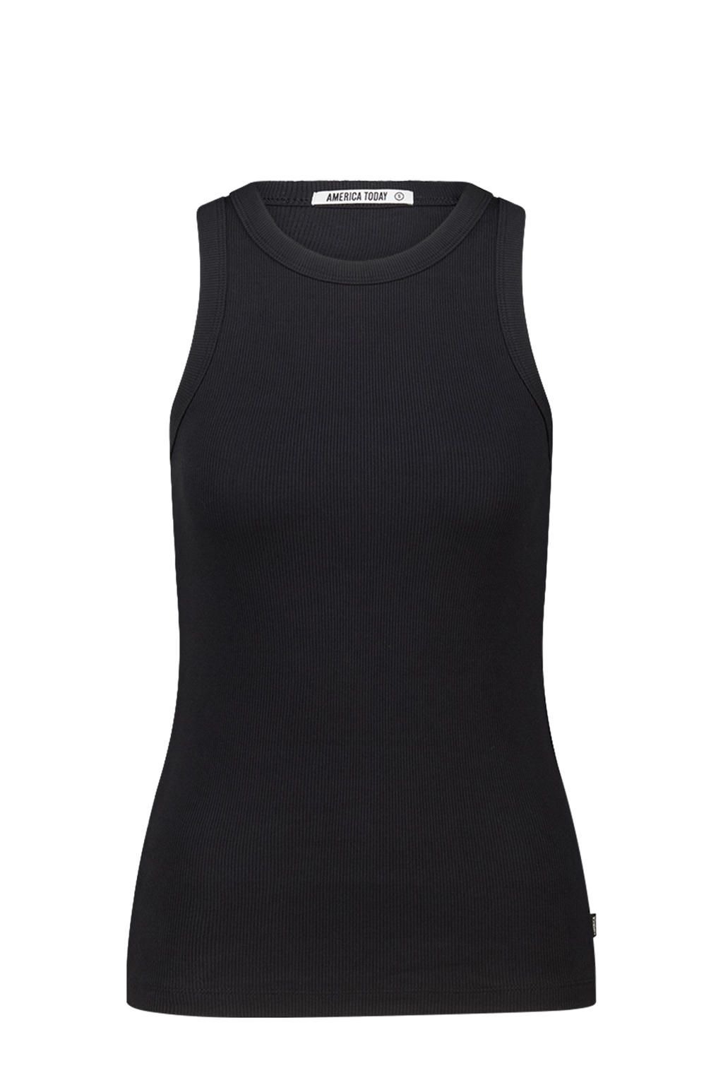 Zwarte dames America Today singlet van stretchkatoen met effen en ronde hals