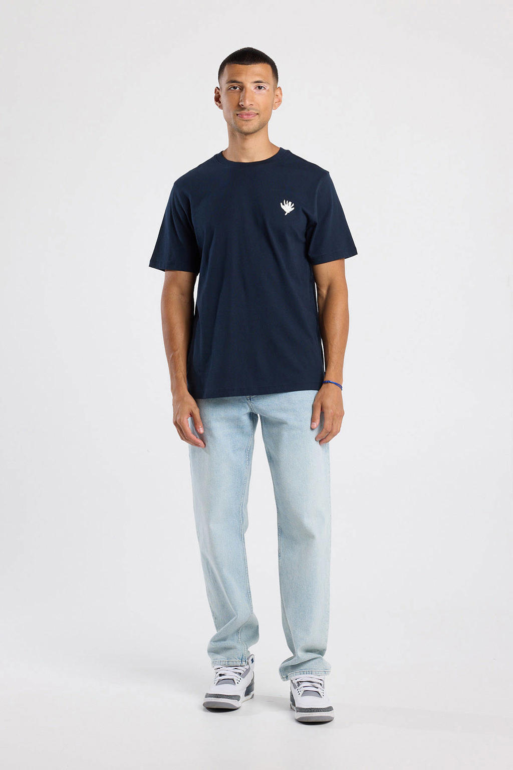 Donkerblauwe heren America Today regular T-shirt van katoen met backprint, korte mouwen en ronde hals