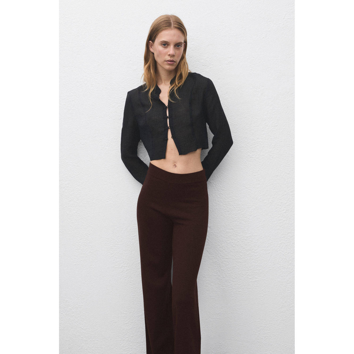 Mango flared high waist broek donkerbruin