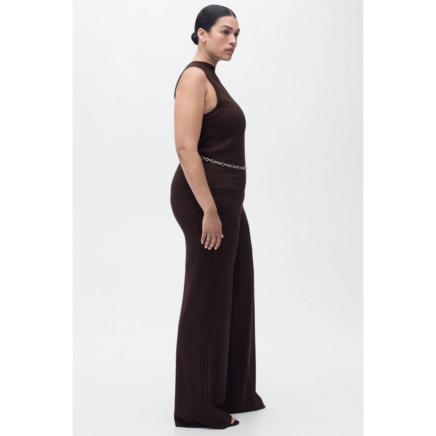 Mango flared high waist broek donkerbruin