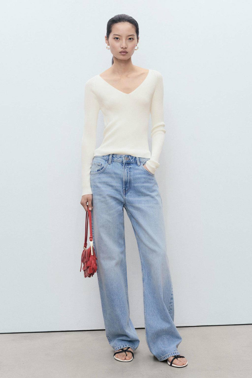 Witte dames Mango top van viscose met effen, lange mouwen en V-hals