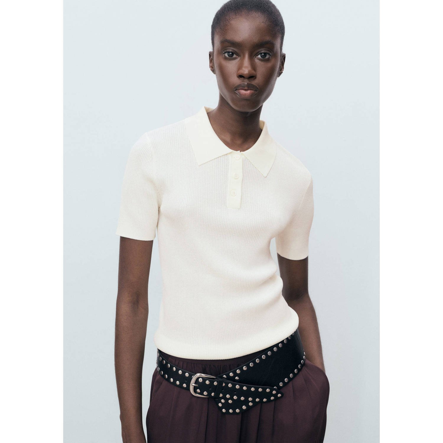 Mango polo beige fijn gebreid
