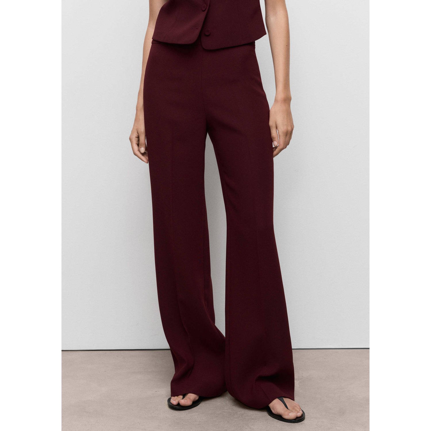 Mango wide leg regular waist pantalon donkerrood