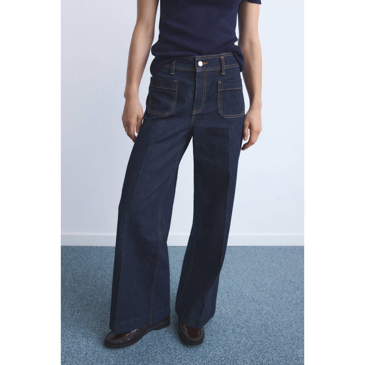Mango high waist wide leg jeans dark blue denim