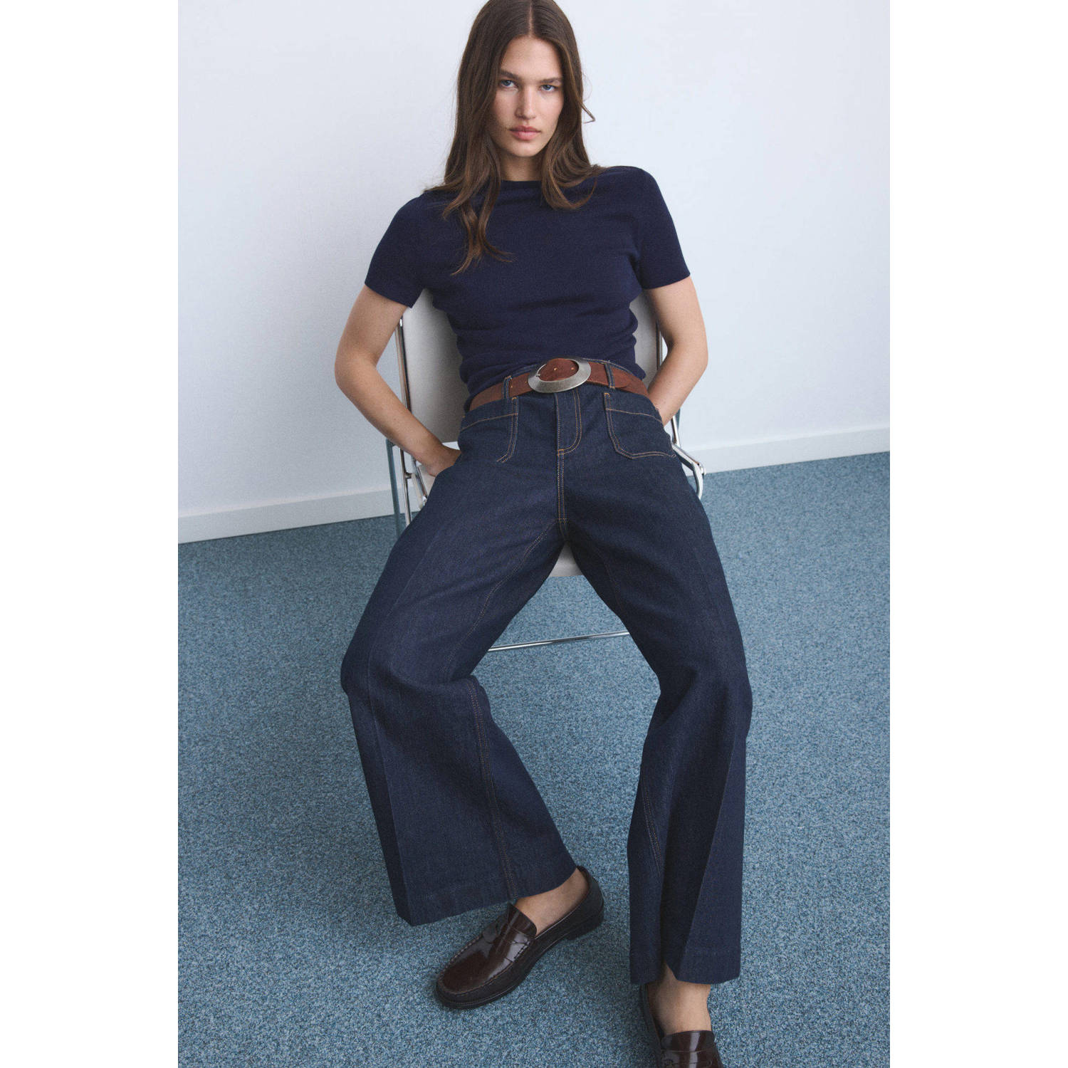 Mango high waist wide leg jeans dark blue denim