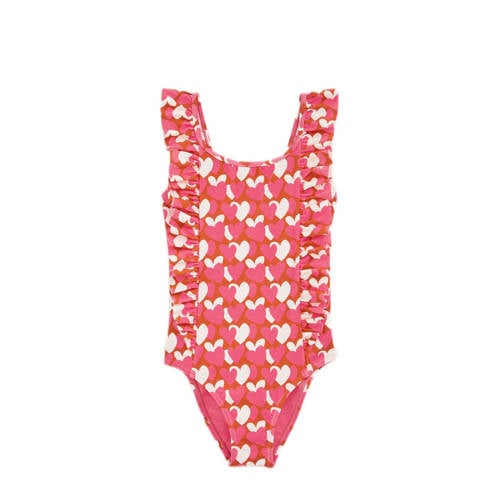WE Fashion badpak met ruches roze/ecru afbeelding