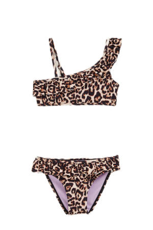one shoulder bikini met ruches bruin/beige
