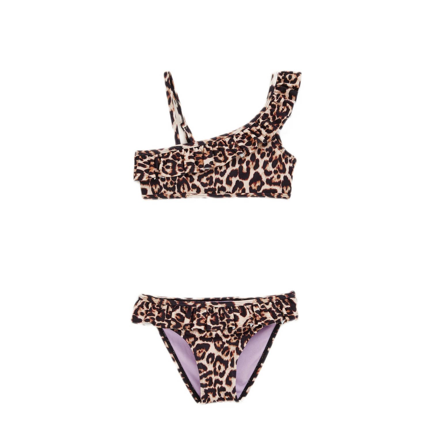 WE Fashion one shoulder bikini met ruches bruin beige