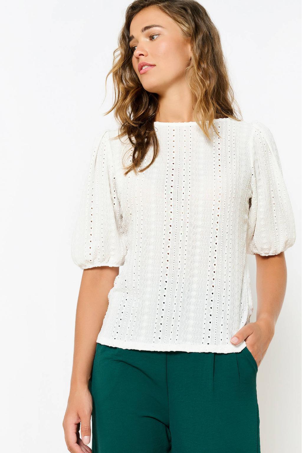 Witte dames LOLALIZA top broderie van polyester met effen, driekwart mouwen en boothals