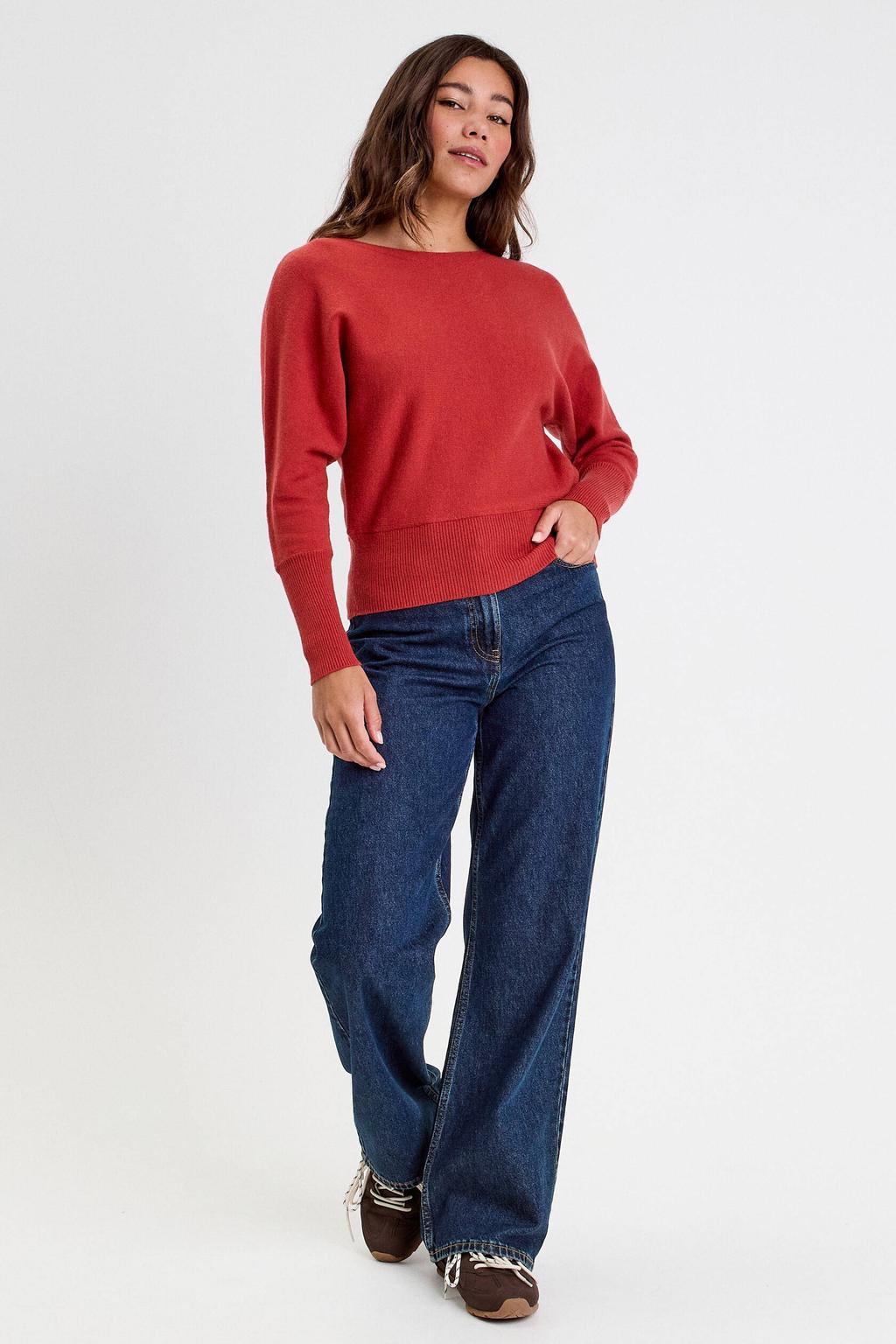 Roodbruine dames Cache Cache gebreide trui bruin van viscose met effen, lange mouwen, ronde hals en open rug