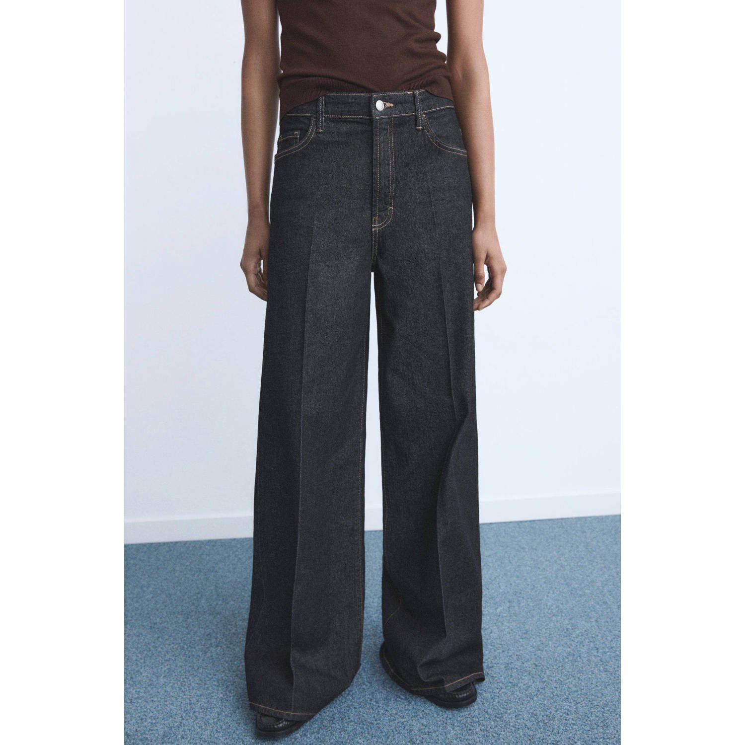 Mango denim wide leg regular waist broek dark blue denim