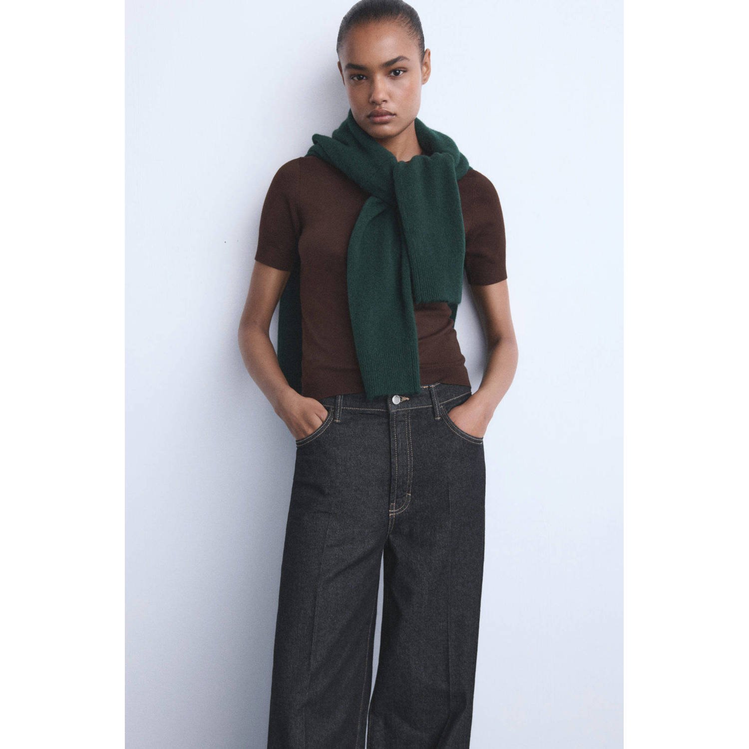 Mango denim wide leg regular waist broek dark blue denim