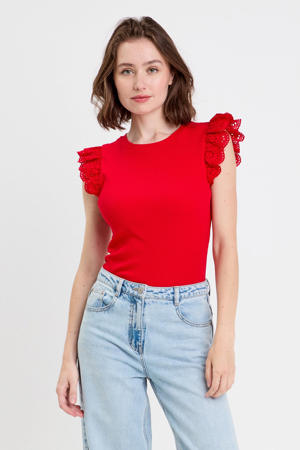 mouwloze top broderie rood