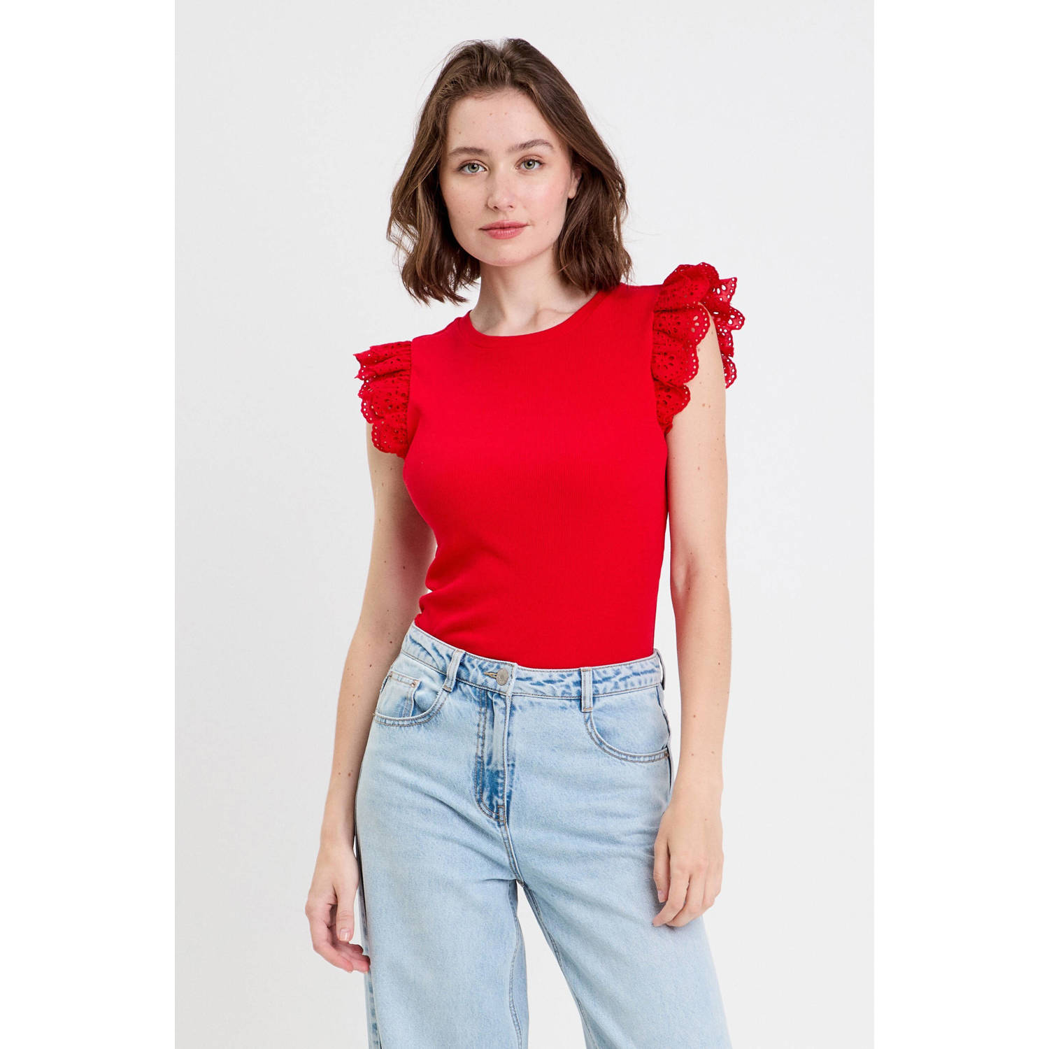 Cache mouwloze top broderie rood