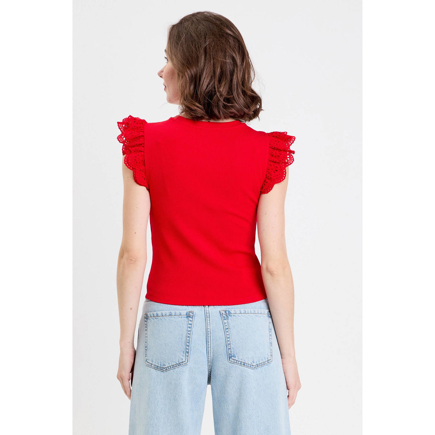 Cache mouwloze top broderie rood