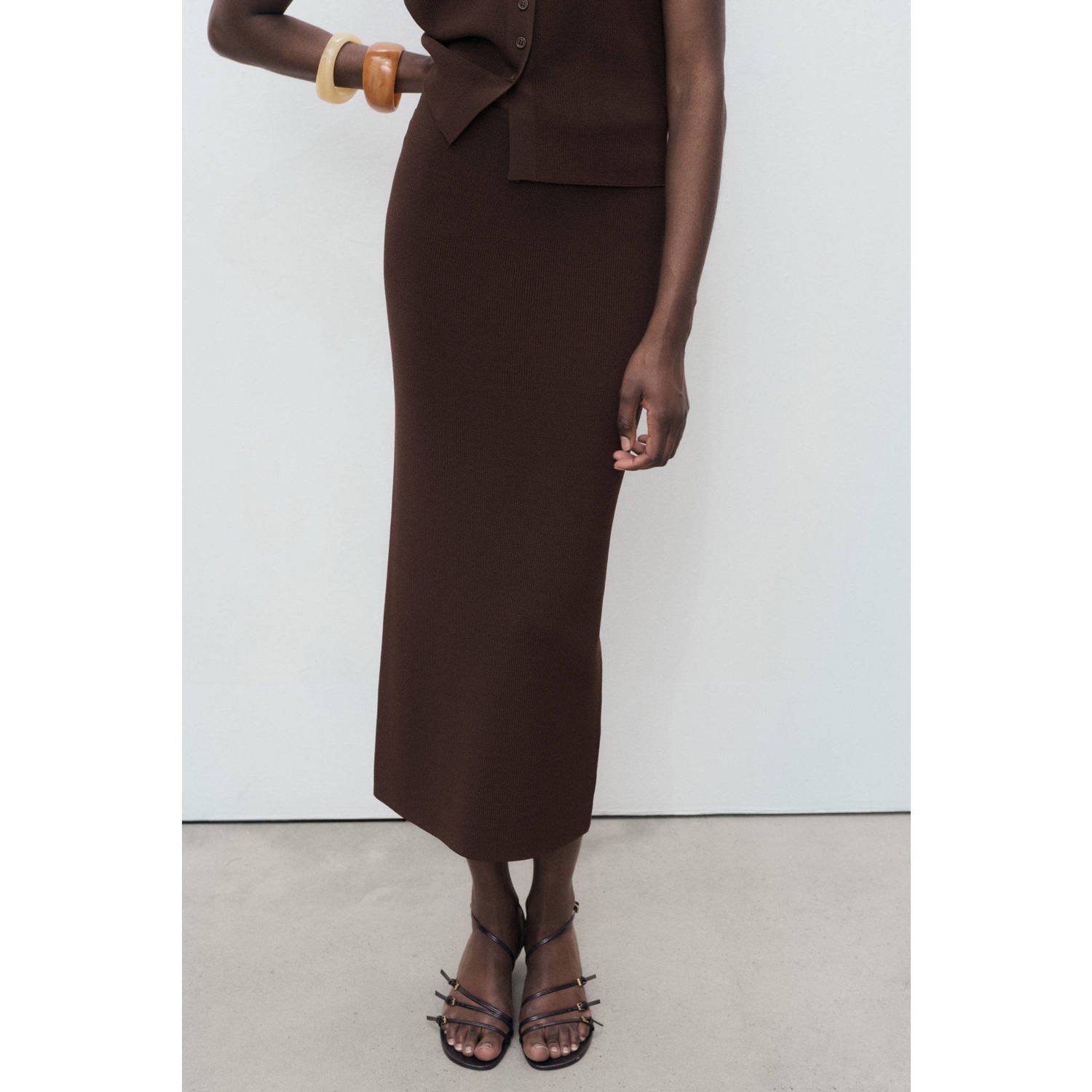 Mango midi rok donkerbruin