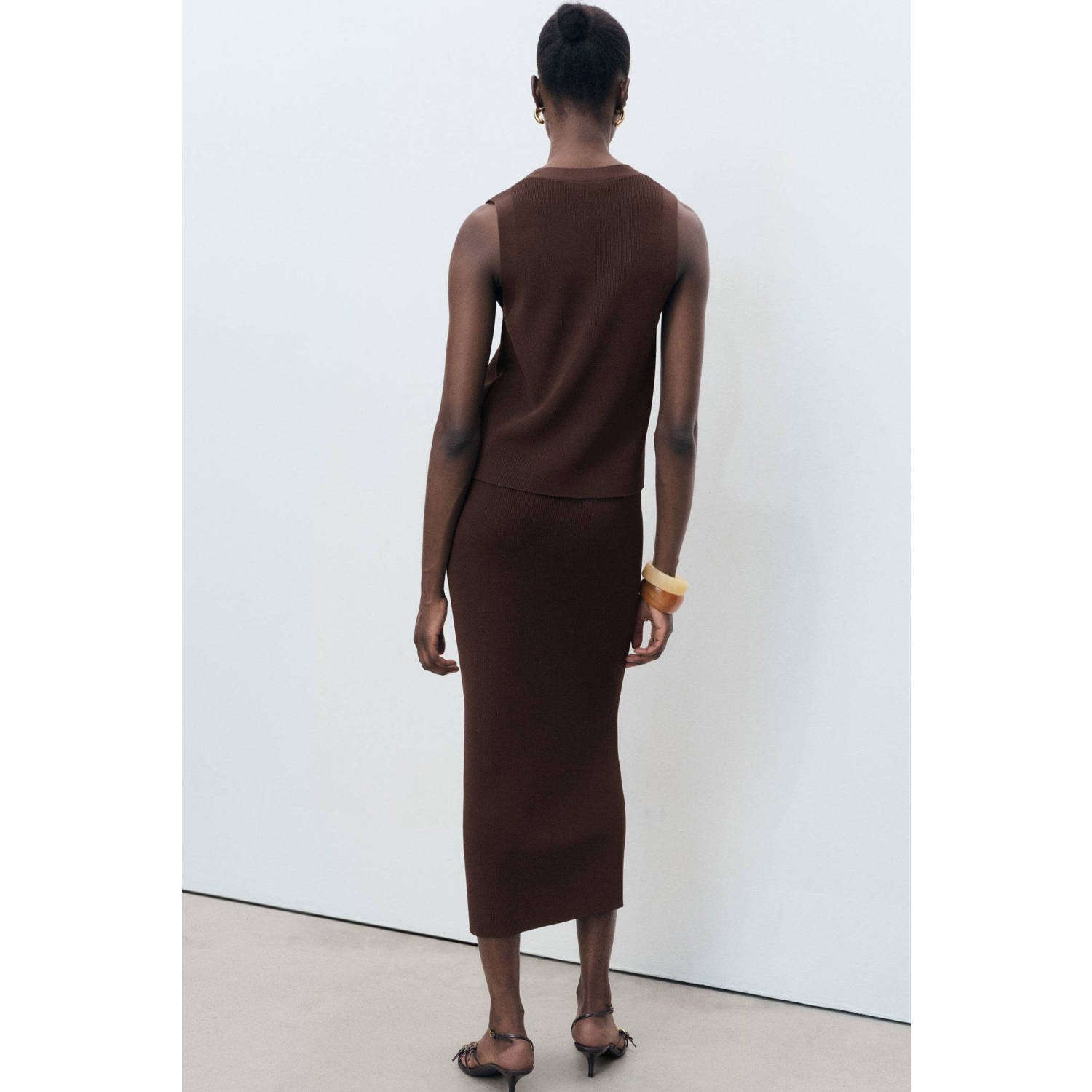 Mango midi rok donkerbruin