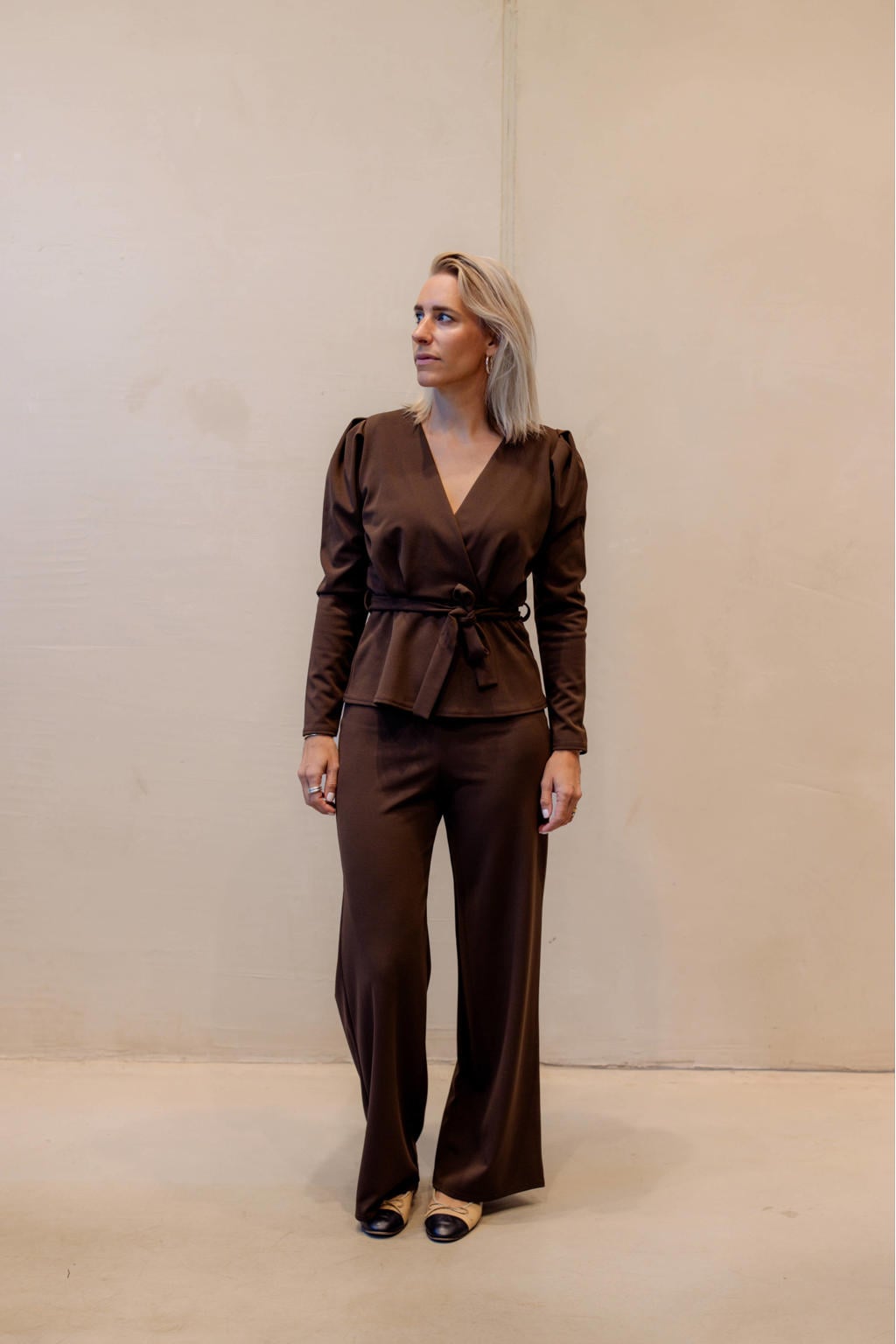 Bruine dames SisterS Point wide leg high waist palazzo broek met effen