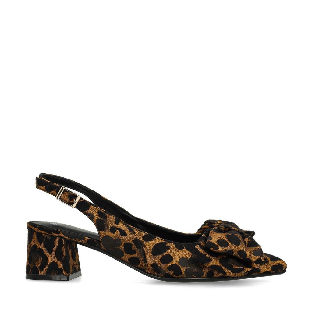 Cognac en zwarte dames Manfield slingback pumps van textiel met gesp en panterprint
