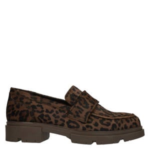 leren loafers met ponyhair donkerbruin/zwart