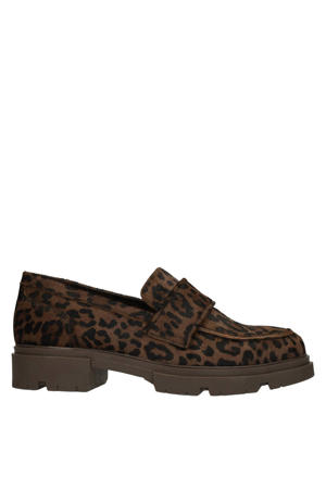 leren loafers met ponyhair donkerbruin/zwart