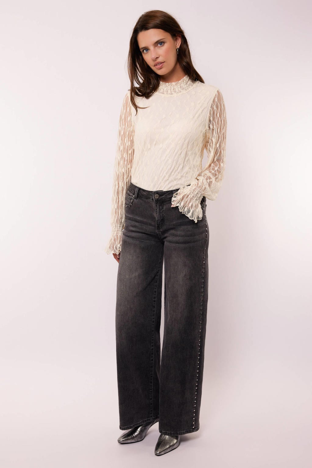 Grey denim dames G-maxx X Froukje wide leg jeans van stretchkatoen met rits- en knoopsluiting en effen