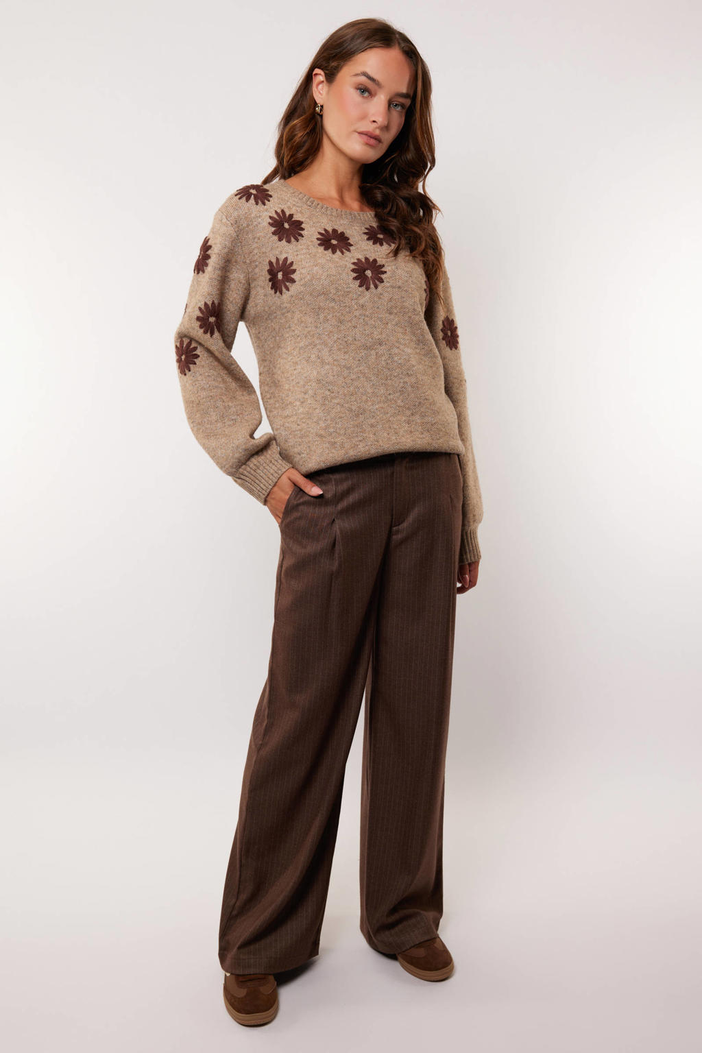 Donkerblauwe dames G-maxx wide leg regular waist pantalon met rits- en haaksluiting en krijtstreepprint