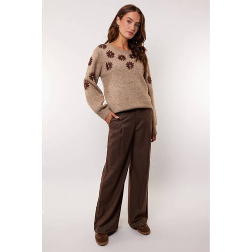 G-maxx wide leg regular waist pantalon met krijtstreep donkerbruin afbeelding